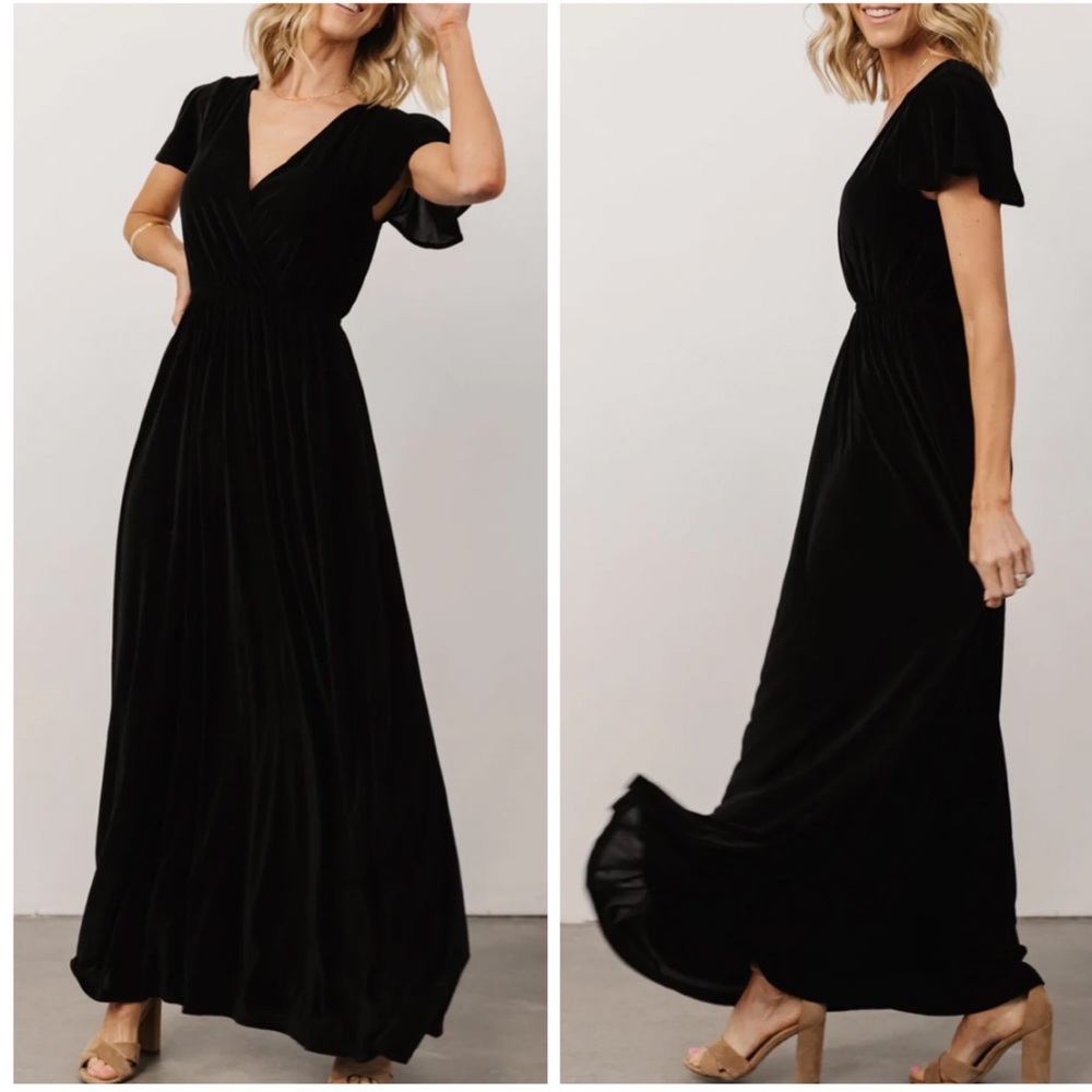 Black Velvet Flutter Sleeve V-Neck Maxi Dress